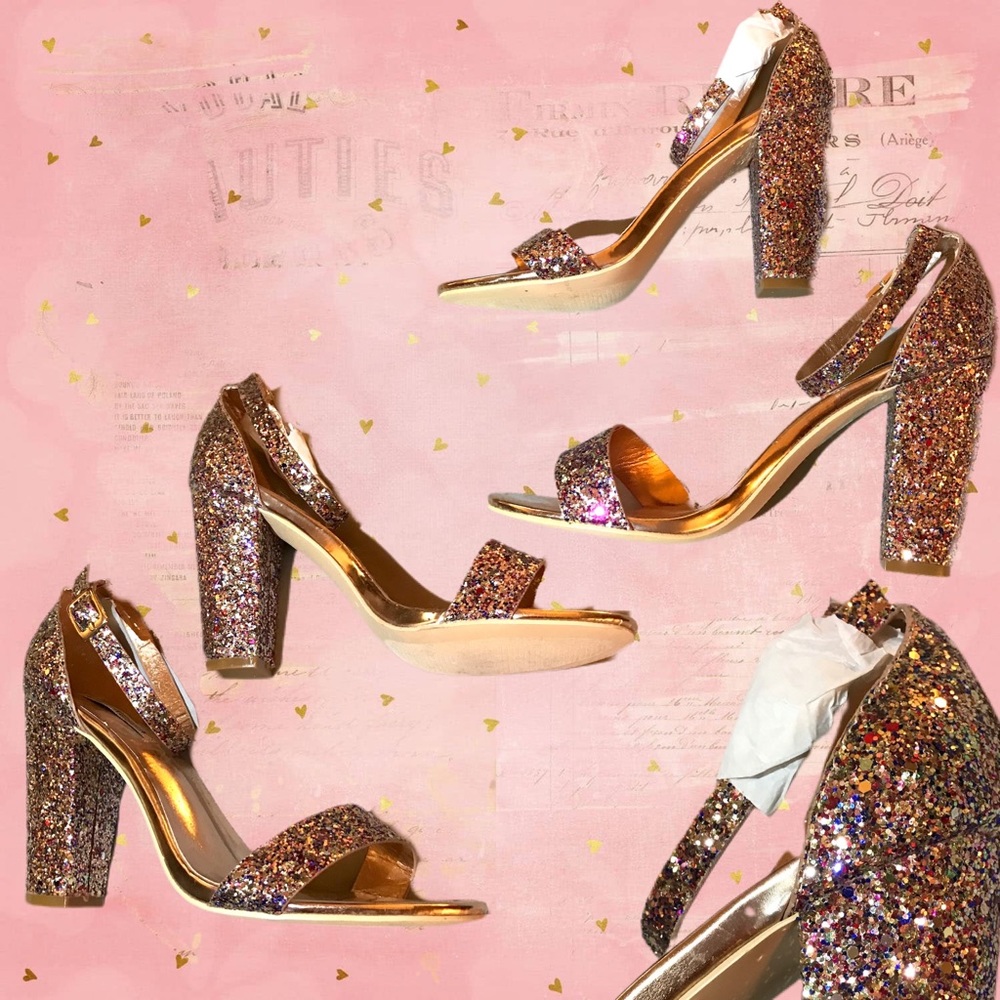 NWOB* CAPE ROBBIN STARLA Pink Multi Glitter Glam Ankle Strap 4” 8.5 Block Heels